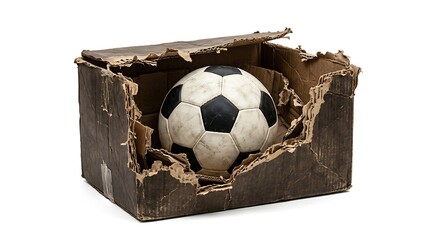 Soccer ball in torn cardboard box.