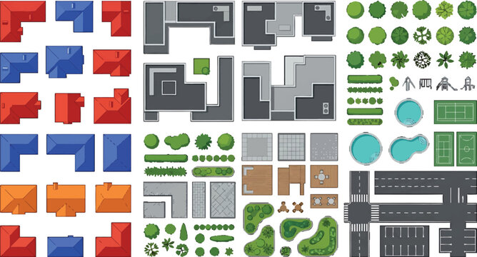 Top view city map elements with residential houses buildings trees roads and swimming pools vector illustration