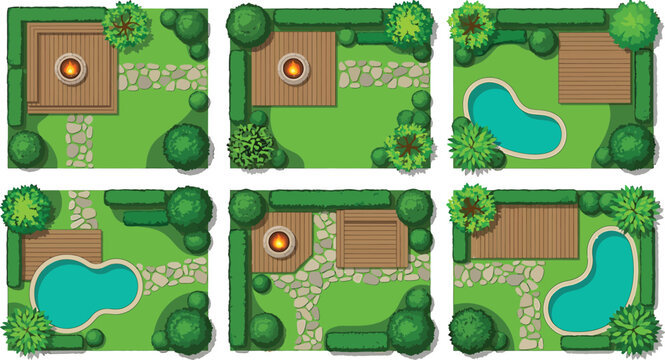 Top view garden landscape design elements with swimming pools and wooden decks for architectural site planning vector