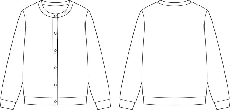Women snap button cardigan sweatshirt fashion technical sketch template vector illustration front and back views.