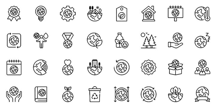 A collection of Mother Earth Day icons set with editable stroke, including save water, save the planet, no plastic, eco home. Vector illustration.