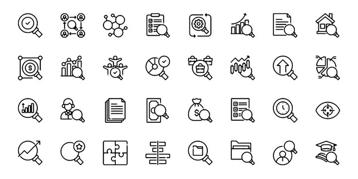 A collection of Search icons set with editable stroke, including magnifying glass, monitoring, analysis, find, research, SEO, inspector, investigate. Vector illustration.
