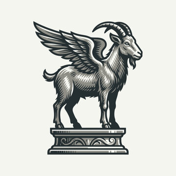 Vintage vector illustration of a winged goat on a pedestal