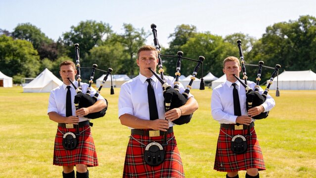Three men playing bagpipes in kilts