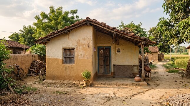 Traditional rural mud house in an indian village with clay tile roof, wooden door, charpai cot, potted plant, and bicycles in the courtyard