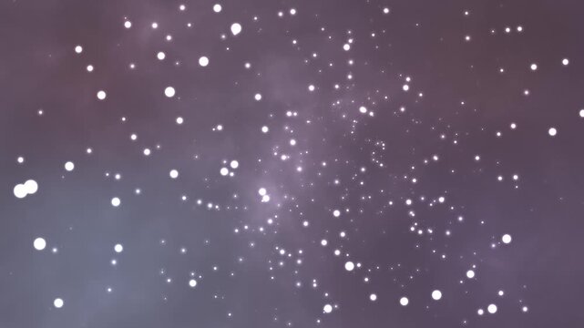 Floating white particles drift slowly through dark purple space in this seamless motion footage animation featuring glowing bokeh lights that create a serene and dreamlike atmosphere.