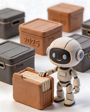 Responsible AI data retention concept with an intelligent robot organizing archived records by timeline. Secure digital preservation, lifecycle management, and searchable enterprise knowledge storage.