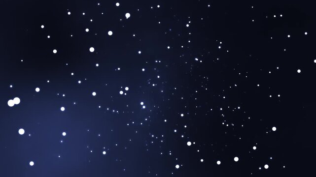 Glowing white particles drift gracefully through deep blue space in this mesmerizing digital motion clip featuring soft bokeh lights and dynamic floating elements that create a artistic atmosphere.