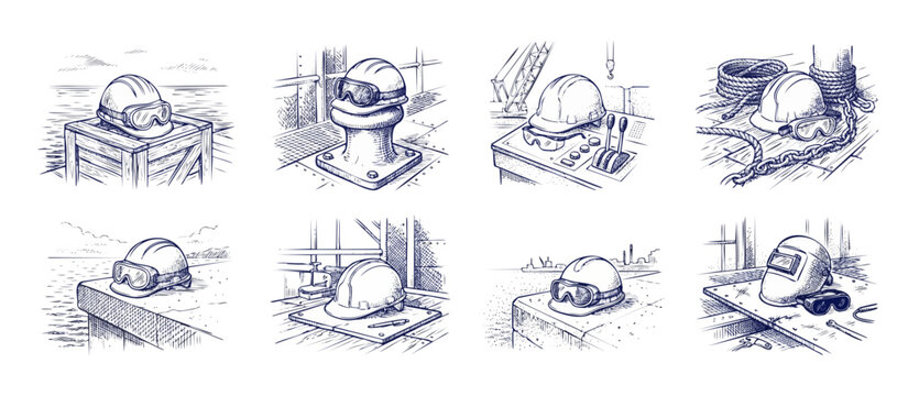 Safety helmet goggles sketch engraving illustration set of industrial maritime construction site PPE equipment icons on shipping dock pier crane control panel deck. Blue line art drawing vector style.
