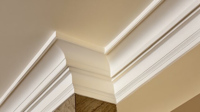 mitered. Decorative molding where ceiling and wall meet in an elegant joint. real-estate listings, architecture portfolios, designed for real-estate listing and luxury residence showcases.