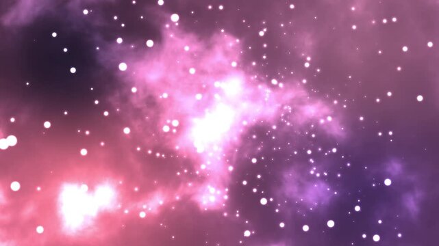 Abstract pink nebula clouds drift slowly through deep space while glowing white particles float across the scene in this seamless digital motion animation a vibrant and dreamy cosmic atmosphere.