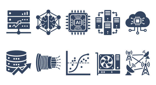 AI, data server, and fiber optic connection vector icons illustrating modern technology concepts