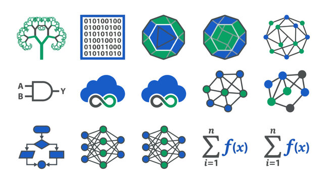 Computer science and technology icons: AI, algorithms, data, programming