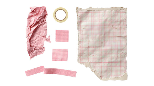 Collection of pink scrapbook paper elements torn graph paper sticky notes and masking tape isolated on black background.