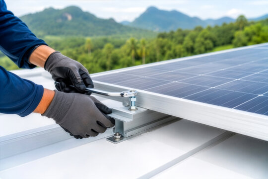 An installer tightens a mid clamp bolt with a ratchet wrench, securing solar panels to an aluminum rooftop racking system against a scenic mountain backdrop.