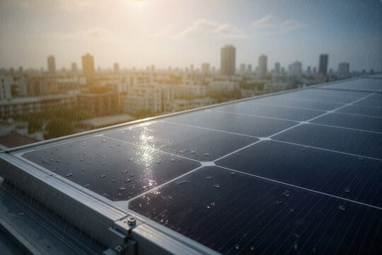 Raindrops glisten on a rooftop solar panel array during a sunlit shower, overlooking a dense city skyline.