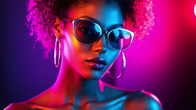 Vibrant portrait of a woman wearing stylish sunglasses against a colorful neon backdrop showcasing confidence and modern fashion, perfect for lifestyle or beauty themes.