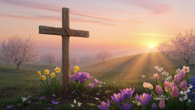 A weathered wooden cross stands tall amidst a vibrant spring meadow filled with colorful blooming crocus tulips and daffodils during the serene and glowing sunrise that signifies true hope and pe