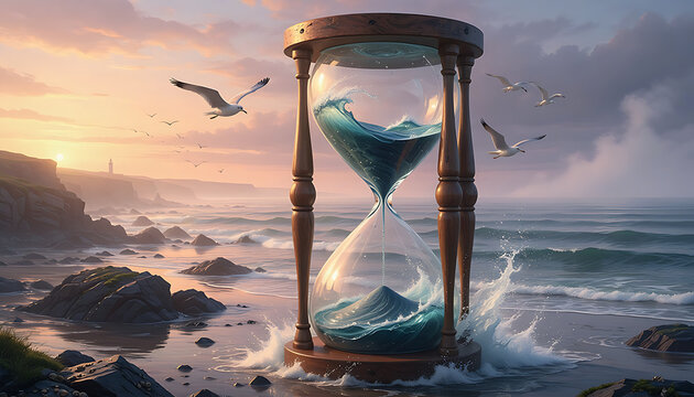 Surreal Ocean Hourglass at Sunset Symbolizing the Flow of Time