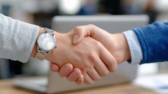 Business Handshake Agreement: Two individuals solidify their partnership with a firm handshake, symbolizing trust and cooperation in a modern business setting.