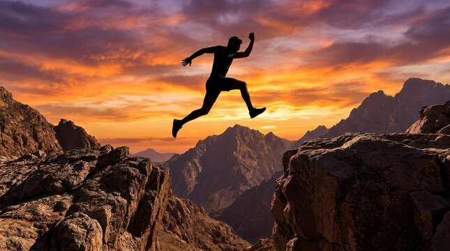 Man jumping over mountain gap at sunset