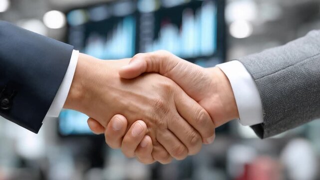 Handshake in agreement: Two businessmen sealing a deal with a firm handshake, a symbol of trust and partnership in the corporate world.