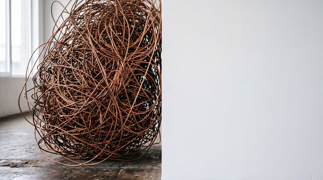 Conceptual still life of a chaotic dense copper wire knot beside a blank white wall representing analysis paralysis and overthinking, 16:9 ratio
