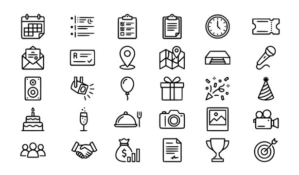 Premium Event and Celebration Icon Set: Minimalist Party, Planning, and Business Vector Collection