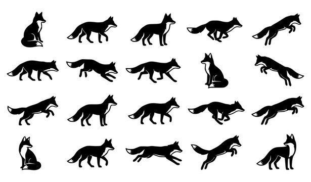 Set of fox silhouettes in different poses, running, sitting, and jumping.