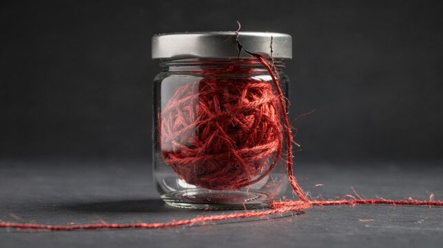 Red Thread Tangled in Glass Jar Still Life
