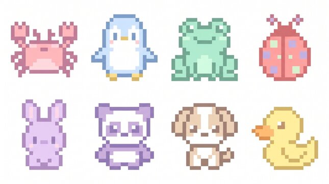 Pastel Kawaii Pixel Animals Sticker Pack: 8 Cute 8-Bit Clipart for Digital Planners