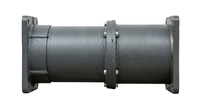 Industrial metal pipe with flanged ends mounted on gray background.