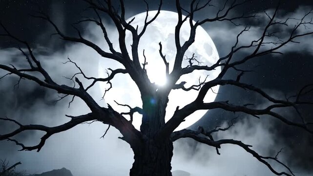 Silhouette of a gnarled leafless tree positioned centrally in front of a giant bright full moon set against a dark night sky with misty clouds, fog, and faint stars.