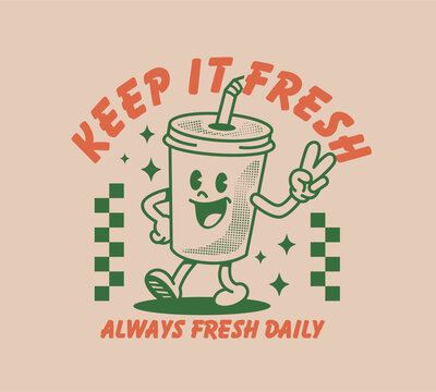 Retro cartoon drink cup mascot with a happy face and peace sign. Vintage hand drawn vector illustration for t-shirts, stickers, logos, posters, branding, and print designs