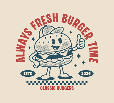 Cute retro burger mascot cartoon character. Vintage hand drawn vector illustration for t shirt, sticker, logo, restaurant branding, posters, and merchandise
