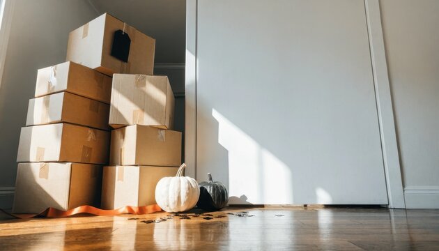 Stack of cardboard boxes near a white door with pumpkins on wooden floor