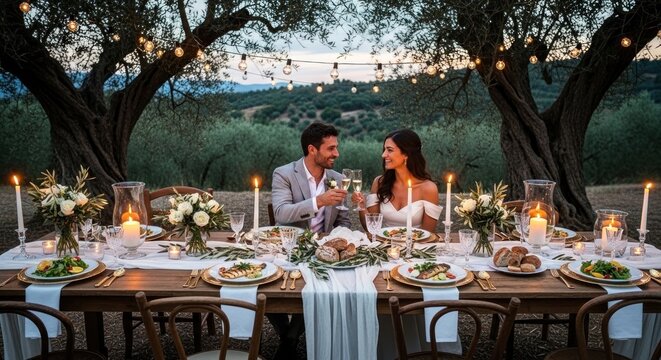 Romantic outdoor wedding dinner setup evening.