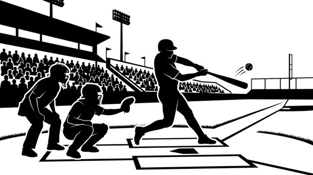 Baseball game action silhouette with batter hitting ball, catcher, umpire, and stadium crowd