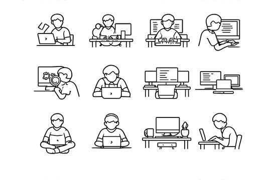 Student Developer Icons. Student developer routine. Line outline icon set of Student developer routine: