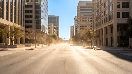 Obraz premium Empty downtown city street illuminated by warm morning sunlight between modern corporate buildings