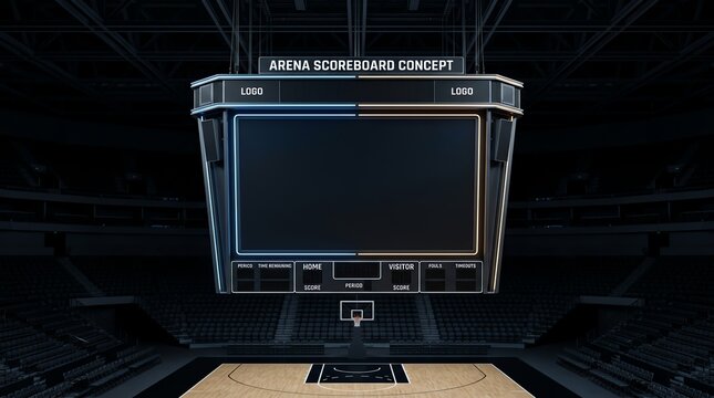 Digital scoreboard hanging in basketball arena
