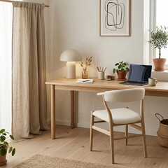 Fototapeta premium Bright Scandinavian style home office with wooden furniture.