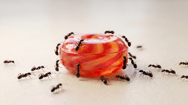 Macro shot of tiny black ants swarming and eating a shiny red hard candy on a bright surface