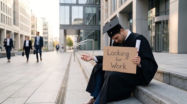 Sad university graduate in cap and gown sitting on corporate building stairs holding a looking for work sign