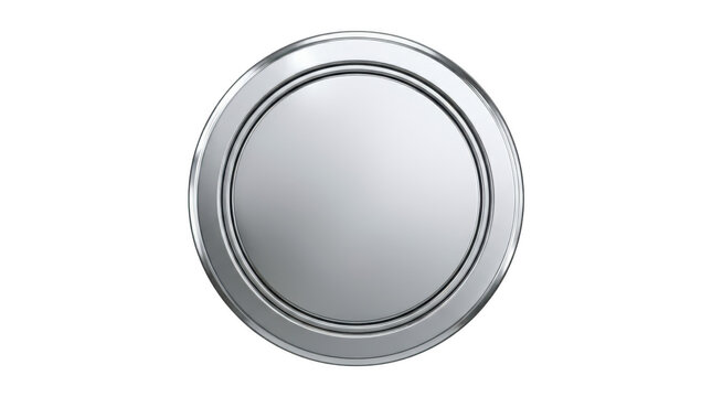 Minimalist metallic circular button with raised border and reflective center.