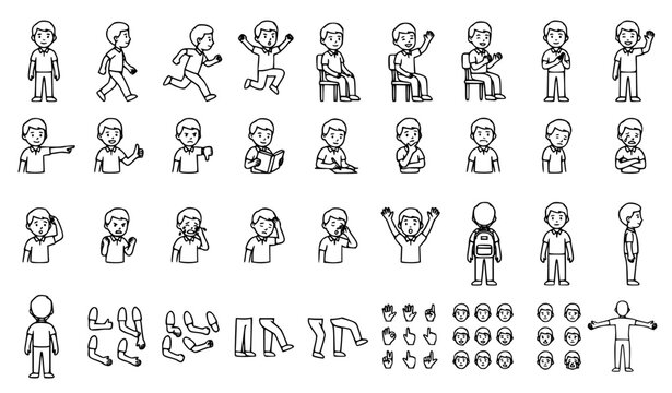 Boy Character Creator Kit, Modular Person Constructor with Various Poses, Emotions, and Hand Gestures