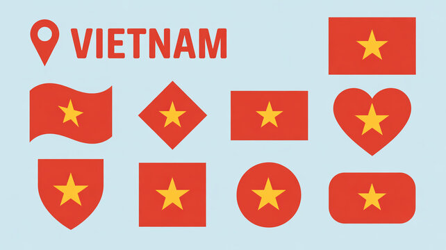 Vietnam flag icons and symbols on a light blue background with graphic design vietnamese flag national illustration geometric background