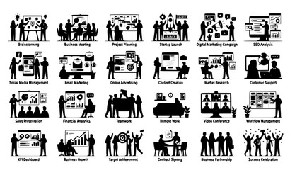 Obraz premium Business Marketing Illustration Mega Set with Teamwork Strategy Analytics and Office Scenes