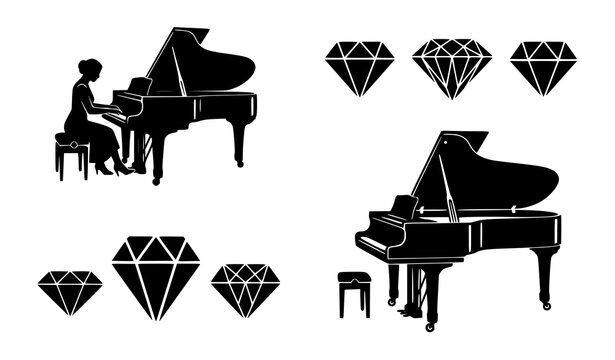 Black Silhouette Pianist Grand Piano and Diamond Pattern Icon Set Minimal Vector Collection