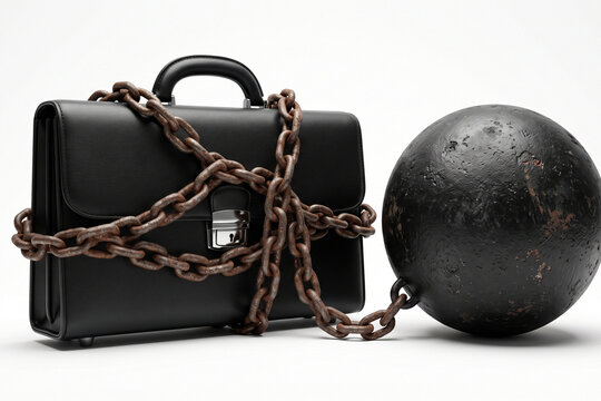 Tech Debt Concept: Business Briefcase Shackled to a Heavy Iron Ball